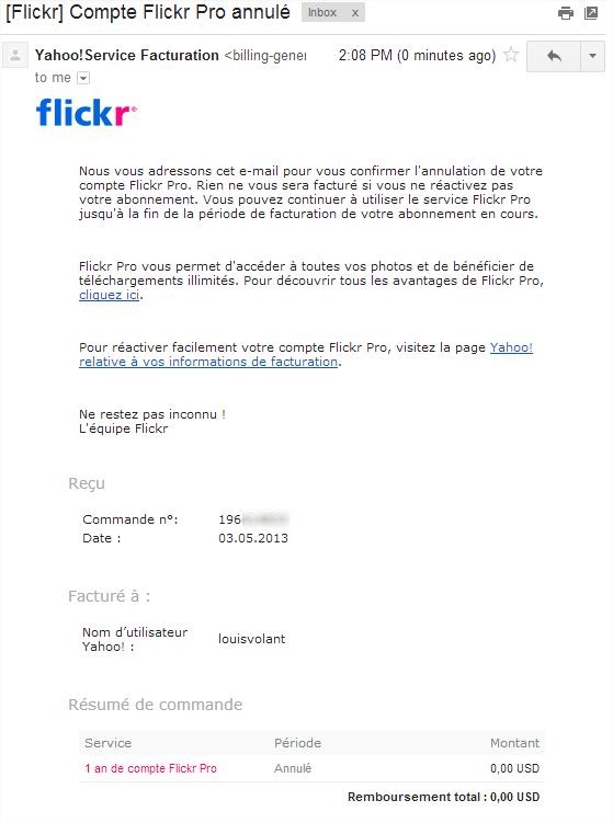 Mail Flickr Pro Annule